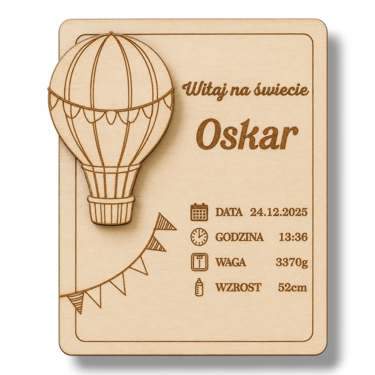 Metryczka urodzinowa drewniana z balonem - personalizowana pamiątka narodzin 3D