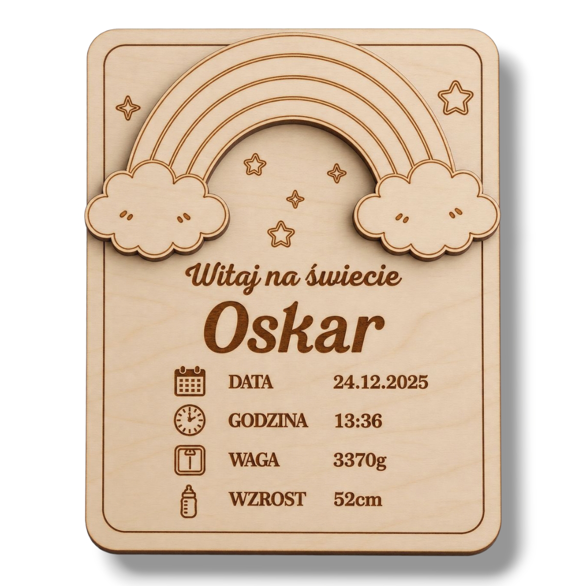 Metryczka urodzinowa drewniana z tęczą - personalizowana pamiątka narodzin 3D